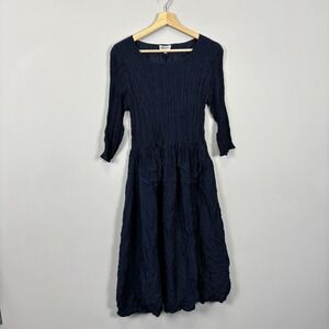 Alquema Panelo Size 2 (M/L) Navy Blue Pleated Midi Dress Crinkle Lagenlook